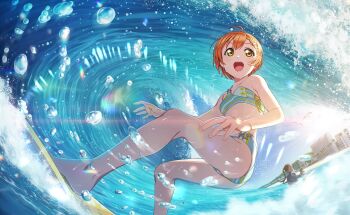 1girl ass bare_arms bare_legs barefoot beach bikini braid breasts day fingernails game_cg hair_ornament highres hoshizora_rin love_live! love_live!_school_idol_festival_2 love_live!_school_idol_project official_art open_mouth orange_hair outdoors short_hair small_breasts solo_focus star_(symbol) star_hair_ornament surfing swimsuit third-party_source water_drop waves yellow_eyes