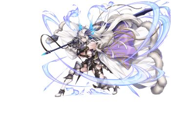 Rule 34 | 1girl, aiguillette, bad source, blue eyes, breasts, cape, evelina (sennen sensou aigis), fighting stance, full body, gauntlets, high heels, highres, holding, holding polearm, holding weapon, large breasts, miyama-zero, mole, mole under eye, motion blur, official art, polearm, sennen sensou aigis, slashing, solo, third-party edit, third-party source, torn clothes, weapon, white hair