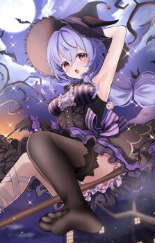 1girl alternate_costume amaneko_(amaneko_y) arm_up armpits bat_(animal) black_dress black_gloves black_hat black_thighhighs blue_hair broom broom_riding dress full_moon ganyu_(genshin_impact) genshin_impact gloves goat_horns hair_bun hat highres horns long_hair looking_at_viewer moon no_shoes open_mouth single_hair_bun sitting thighhighs toes witch_hat
