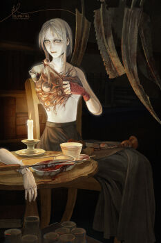 1girl artist_name black_skirt blood bloodborne body_horror bookshelf candle candlelight chair colored_skin commentary cracked_skin cup detached_arm doll_joints eldritch_abomination english_commentary eyeball highres horror_(theme) joints long_skirt monster_girl plain_doll ruinetsel saw signature sitting skirt surgery surgical_scissors table teacup topless_female white_hair white_skin