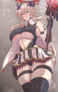 1girl artoria_pendragon_(fate) artoria_pendragon_(lancer_alter)_(fate) black_leotard blonde_hair braid breasts caption center_opening commentary_request commission dark_rhongomyniad_(fate) fate/grand_order fate_(series) french_braid hair_between_eyes halo highres horns lance large_breasts leotard long_hair looking_at_viewer navel pixiv_commission polearm revealing_clothes ribbed_leotard sidelocks skirt solo sweat thighs underboob wakura_(gcdan) weapon yellow_eyes