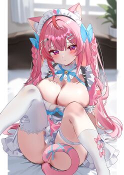 1girl ahoge animal_ear_fluff animal_ears asymmetrical_legwear bell blue_bow blush bow braid breasts cat_ears cat_girl cat_tail cleavage closed_mouth commentary double-parted_bangs dress feet_out_of_frame frilled_dress frills hair_between_eyes hair_bow hair_ornament hairclip heart heart_hair_ornament highres indie_virtual_youtuber jingle_bell knees_up large_breasts long_hair looking_at_viewer maid maid_headdress neck_bell no_panties nta_(n_tan2) parallel_hairclips pink_dress pink_eyes pink_hair short_dress short_sleeves sitting solo symbol-only_commentary tail tail_censor thighhighs twin_braids virtual_youtuber white_thighhighs yuuki_sakuna yuuki_sakuna_(3rd_costume)