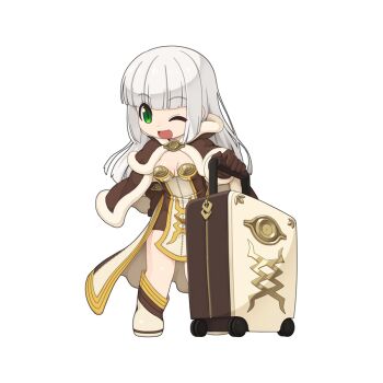 1girl boots breasts brown_boots brown_cape brown_dress brown_gloves cape chibi chibi_only dress dressy_(ragnarok_online) full_body fur-trimmed_gloves fur_cape fur_trim gloves green_eyes grey_hair high_wizard_(ragnarok_online) long_hair looking_at_viewer medium_breasts multicolored_boots official_art one_eye_closed open_mouth ragnarok_online rolling_suitcase short_dress simple_background smile solo suitcase transparent_background two-tone_boots two-tone_dress white_boots white_dress yuichirou