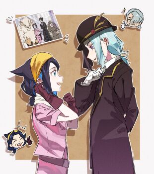 +++ 2boys 2girls :d amethio_(pokemon) arcanine black_hair blue_eyes brown_background brown_gloves commentary_request copituji cosplay diana_(pokemon_horizons) diana_(pokemon_horizons)_(cosplay) dusclops gen_1_pokemon gen_3_pokemon gloves hamber_(pokemon) hamber_(pokemon)_(cosplay) hand_up hat highres jacket liko_(pokemon) long_sleeves multiple_boys multiple_girls nintendo notice_lines open_mouth outline photo_(object) pink_jacket pokemon pokemon_(anime) pokemon_horizons purple_eyes scarf shirt smile sparkle white_scarf white_shirt