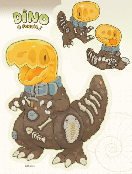 amber_(gemstone) ammonite collar commentary creature english_text fossil gem halftone halftone_background highres multiple_views no_humans original sitting sorochii standing symbol-only_commentary tongue tongue_out tool_shaped_necklace tyrannosaurus_rex walking white_background