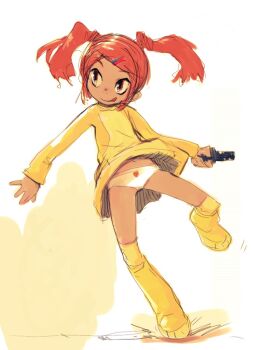 1girl autobot clothes_lift dress dress_lift female_focus key loli np_(slipbounds) panties pantyshot red_hair sari_sumdac solo thighhighs transformers transformers_animated twintails underwear upskirt white_panties