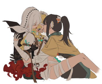 3girls bamboo_nima bandaged_arm bandaged_hand bandaged_leg bandages behind_another biting black_gloves black_shirt black_skirt blonde_hair blood_sucking brown_cape brown_hair cape closed_eyes dress dual_persona feet_out_of_frame from_side gloves hand_on_another&#039;s_chest hand_on_another&#039;s_chin highres kiss long_hair lorelei_(reverse:1999) multiple_girls navel neck_biting neckerchief open_clothes open_dress pearl_hair_ornament ponytail reverse:1999 semmelweis_(reverse:1999) shirt sitting skirt vampire white_background white_dress white_hair white_neckerchief white_shirt yuri