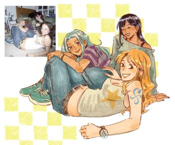 6+girls arm_tattoo black_hair blue_eyes blue_hair blunt_bangs closed_eyes commentary denim english_commentary freckles full_body half_updo highres jeans kari_(kbondoxxa) log_pose long_hair looking_back multiple_girls nami_(one_piece) nefertari_vivi nico_robin one_piece orange_eyes orange_hair pants photo_inset smile tattoo