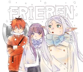 1boy 2girls =_= axe battle_axe black_dress black_hair blue_scarf coat cold commentary_request copyright_name dress fern_(sousou_no_frieren) frieren fur-trimmed_jacket fur_trim green_eyes grey_hair half_updo highres jacket multicolored_hair multiple_girls onka_(aun_ka28) pointy_ears purple_eyes purple_hair purple_scarf red_hair roots_(hair) scarf sidelocks snowing sousou_no_frieren stark_(sousou_no_frieren) teardrop_facial_mark two-tone_hair weapon weapon_on_back white_coat winter_clothes winter_coat