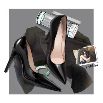 1girl artist_name bar_censor black_footwear border breasts censored censored_identity dress gloves grey_background high_heels highres jewelry large_breasts no_humans outside_border photo_(object) pumps ring shoes stiletto_heels white_border xnnagu