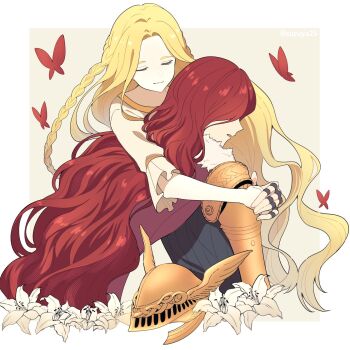 1boy 1girl androgynous arms_around_neck blonde_hair border braid brother_and_sister brown_background cape closed_eyes cropped_torso elden_ring flower fur-trimmed_cape fur_trim helmet highres long_hair malenia_blade_of_miquella mechanical_arms miquella_(elden_ring) open_mouth outside_border prosthesis prosthetic_arm red_cape red_hair siblings simple_butterfly susukeya unworn_headwear unworn_helmet upper_body white_border white_flower