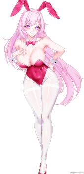 1girl absurdres angelstrangeart animal_ears bow bowtie breasts cleavage detached_collar elysia_(honkai_impact) fake_animal_ears full_body hand_on_own_hip high_heels highres honkai_(series) honkai_impact honkai_impact_3rd large_breasts leotard long_hair looking_at_viewer pantyhose pink_bow pink_hair pink_leotard playboy_bunny rabbit_ears red_leotard smile solo standing strapless strapless_leotard transparent_background white_legwear wrist_cuffs