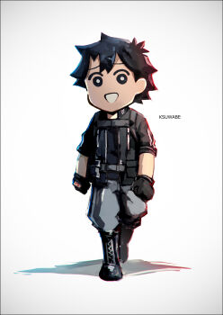 1boy artist_name black_boots black_gloves black_hair boots clenched_hand command_spell commentary_request fate/grand_order fate_(series) fujimaru_ritsuka_(male) fujimaru_ritsuka_(male)_(polar_chaldea_uniform) fujimaru_ritsuka_wa_wakaranai gloves gradient_background grey_pants k-suwabe male_focus pants shadow