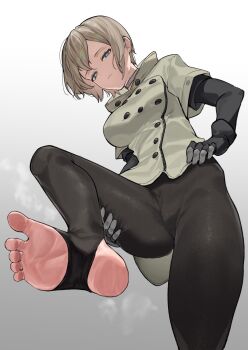 Rule 34 | 1girl, accessory (freedom wars), android, barefoot, black gloves, blonde hair, blue eyes, choker, commentary request, commission, disgust, empty eyes, expressionless, feet, freedom wars, gloves, highres, looking at viewer, saidasai, short hair, skeb commission, solo, solo focus, spread legs, stirrup legwear, toeless legwear