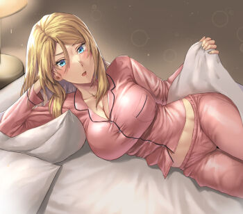 Rule 34 | 1girl, bed invitation, blonde hair, blue eyes, breasts, cleavage, commentary request, elbow rest, head rest, highres, kantai collection, kokuzou, large breasts, lifting covers, long hair, long sleeves, looking at viewer, lying, midriff, nelson (kancolle), on bed, on side, open mouth, pajamas, pink pajamas, solo