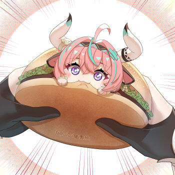 2girls absurdres ahoge animal_ears aqua_hair artist_name bell black_gloves black_headband blush_stickers burger chibi chinese_commentary commentary_request cow_ears cow_girl cow_horns cowbell dd_che_shen ear_bell eating food genshin_impact gloves hair_between_eyes headband highres holding holding_burger holding_food horns looking_at_viewer lumine_(genshin_impact) multicolored_hair multiple_girls out_of_frame partially_fingerless_gloves pink_hair purple_eyes solo_focus streaked_hair varesa_(genshin_impact)