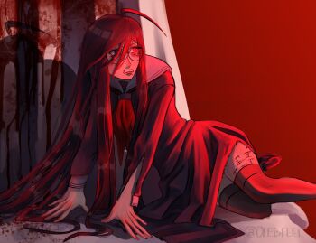 1girl ahoge blood blood_on_ground blood_on_wall collared_shirt danganronpa_(series) danganronpa_another_episode:_ultra_despair_girls eyelashes fukawa_toko glasses hair_between_eyes highres long_hair long_sleeves mole mole_under_mouth neckerchief olegfeel red_neckerchief round_eyewear sailor_collar scar scar_on_leg school_uniform serafuku shirt shoes skirt solo tally thighhighs torn_clothes torn_skirt torn_sleeve very_long_hair white_sailor_collar