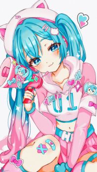 1girl :3 animal_ears animal_hat aqua_belt aqua_hair bandaid bandaid_on_knee bandaid_on_leg belt between_legs blue_eyes blush bow cat_hair_ornament cat_hat character_sticker closed_mouth collarbone commentary cropped_hoodie fake_animal_ears feet_out_of_frame fortnite gradient_hair hair_between_eyes hair_ornament hairclip hand_between_legs hat hatsune_miku heart heart_sticker highres holding holding_megaphone hood hoodie kurerin layered_sleeves long_hair long_sleeves looking_at_viewer megaphone midriff multicolored_hair navel neko_hatsune_miku parallel_hairclips pink_bow pink_hoodie pink_skirt pink_sleeves pink_socks pleated_skirt short_over_long_sleeves short_sleeves signature simple_background skirt smile socks solo sticker twintails two-tone_hair very_long_hair vocaloid white_background white_hat