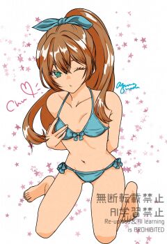 1girl azumanada barefoot bikini blue_bikini brown_hair closed_mouth collarbone commentary_request green_eyes highres long_hair looking_at_viewer navel one_eye_closed ponytail precis_neumann solo star_(symbol) star_ocean star_ocean:_the_second_story star_symbol_background swimsuit watermark