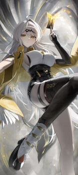 1girl absurdres black_gloves black_thighhighs boots breasts closed_mouth commentary_request elbow_gloves fingerless_gloves gloves hair_between_eyes hana_hebi hand_up high-waist_shorts highres holding holding_ofuda jacket large_breasts long_hair looking_at_viewer ofuda open_clothes open_jacket shirt shorts single_elbow_glove single_thighhigh sleeveless sleeveless_shirt solo standing standing_on_one_leg thigh_strap thighhighs v-shaped_eyebrows very_long_hair white_boots white_hair white_shirt yellow_eyes yellow_jacket yixuan_(zenless_zone_zero) zenless_zone_zero