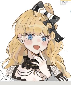 1girl :d black_bow black_choker blonde_hair blue_eyes blunt_bangs bow choker cute_p72 earrings frilled_choker frills hair_bow hand_up highres jewelry long_hair long_sleeves looking_at_viewer mahou_shoujo_no_majo_saiban open_mouth saeki_miria simple_background smile solo upper_body white_background