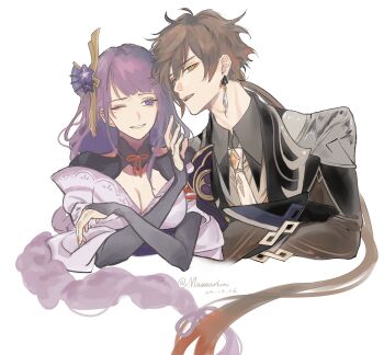 1boy 1girl antenna_hair black_gloves blush braid breasts brown_hair chinese_clothes chinese_commentary cleavage commentary couple crossed_arms duplicate earrings eyeliner friends genshin_impact gloves gradient_hair hair_between_eyes hair_ornament highres japanese_clothes jewelry kimono lofter_username long_hair long_sleeves looking_at_viewer low-braided_long_hair low-tied_long_hair makeup mamurica mole mole_under_eye multicolored_hair necktie one_eye_closed open_mouth purple_eyes purple_hair purple_kimono raiden_shogun red_eyeliner sidelocks single_earring smile twitter_username upper_body white_background white_necktie zhongli_(genshin_impact)