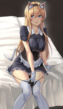 Rule 34 | 1girl, absurdres, animal ear hairband, animal ears, apron, averting eyes, black dress, black panties, blonde hair, blue eyes, blush, braid, breasts, cat ear hairband, cat ears, cat tail, commentary request, cosplay, dress, fake animal ears, fake tail, gloves, hairband, half up braid, highres, indoors, jervis (halloween) (kancolle), jervis (kancolle), jervis (kancolle) (cosplay), kantai collection, kokuzou, large breasts, long hair, maid apron, on bed, open mouth, panties, panty pull, sitting, solo, tail, thighhighs, underwear, warspite (kancolle), white gloves, white thighhighs
