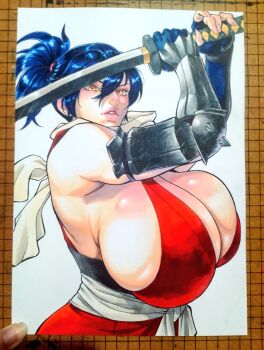 1girl bare_shoulders blue_hair breasts cleavage commentary english_commentary fighting_stance fingerless_gloves gigantic_breasts gloves guantlets hair_between_eyes holding holding_sword holding_weapon japanese_clothes katana kimono manyuu_chifusa manyuu_hikenchou nero_undead ninja obi parted_lips ponytail sash short_kimono solo sword traditional_media weapon yellow_eyes