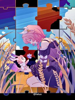 1girl absurdres artist_name bare_shoulders blue_eyes blue_sky chinese_commentary cloud coat commentary_request cyrene_(aedes_elysiae)_(honkai:_star_rail) cyrene_(honkai:_star_rail) hair_ornament heluo highres holding_puzzle_piece honkai:_star_rail honkai_(series) mem_(honkai:_star_rail) pink_hair purple_coat puzzle puzzle_piece seiza short_hair sitting sky wheat wheat_field