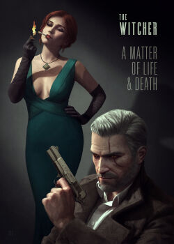 1boy 1girl astor_alexander beard black_gloves breasts cigarette contemporary cover dress elbow_gloves english_text facial_hair fake_cover film_noir fire geralt_of_rivia gloves green_dress green_eyes hand_on_own_hip highres jewelry lips lipstick magic makeup manly medium_breasts necklace nose pyrokinesis realistic red_hair scar scar_across_eye scar_on_face smoking the_witcher_(series) the_witcher_3 triss_merigold white_hair yellow_eyes