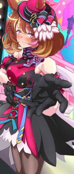1girl animal_ears armpits blush breasts brown_hair closed_mouth commentary_request gloves hair_between_eyes hair_ornament hat highres horse_girl looking_at_viewer medium_breasts north_flight_(looking_fly!)_(umamusume) north_flight_(umamusume) pantyhose reaching reaching_towards_viewer ribbon sleeveless smile solo stage takotoma22 umamusume