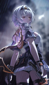 1girl absurdres anby_demara anby_demara_(silver_soldier) armor armored_dress black_hairband black_shorts black_thighhighs blurry blurry_background braid breasts cowboy_shot dress dual_wielding fingerless_gloves from_behind gloves grey_hair hairband highres holding holding_sword holding_weapon large_breasts looking_at_viewer looking_back low_twin_braids missing_commentary orange_eyes parted_lips rain short_hair shorts shrug_(clothing) sidelocks solo sword thighhighs thighs twin_braids weapon wet white_dress white_gloves white_shrug wuzhihuijia zenless_zone_zero