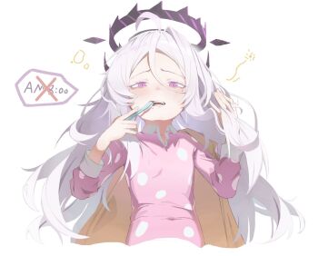 1girl ahoge blue_archive breasts brushing_teeth commentary_request demon_girl demon_horns halo hina_(blue_archive) hina_(pajamas)_(blue_archive) horns kilireo long_hair looking_at_viewer open_mouth pajamas pink_pajamas polka_dot polka_dot_pajamas purple_eyes simple_background small_breasts solo very_long_hair white_background white_hair
