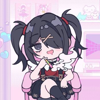 1girl @_@ ame-chan_(needy_girl_overdose) black_hair black_socks chair cigarette crossed_legs drugged elbow_rest gaming_chair hair_ornament hair_over_one_eye head_tilt holding holding_cigarette looking_at_viewer melonbread neck_ribbon needy_girl_overdose red_shirt ribbon saliva shirt short_twintails sidelocks sitting skirt smoke smoke_trail socks solo suspender_skirt suspenders swivel_chair twintails winged_sleeves x_hair_ornament