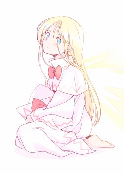 1girl barefoot blonde_hair blue_eyes bow bowtie capelet commentary dress expressionless fairy fairy_wings full_body hat holding holding_unworn_clothes holding_unworn_hat light_blush lily_white long_hair looking_to_the_side pointy_ears rangycrow red_bow red_bowtie sideways_glance solo touhou unworn_hat unworn_headwear white_background white_capelet white_dress white_hat wings zig-zag_pattern