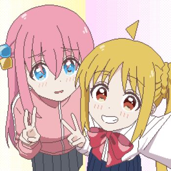 2girls ahoge blonde_hair blue_eyes blue_skirt bocchi_the_rock! bow bowtie brown_eyes collared_shirt cube_hair_ornament detached_ahoge gotoh_hitori grey_skirt grin hair_between_eyes hair_ornament highres ijichi_nijika jacket long_hair long_sleeves looking_at_viewer multiple_girls open_mouth pink_hair pink_jacket pixel_art pleated_skirt red_bow red_bowtie red_eyes selfie shirt side_ponytail sidelocks simple_background skirt smile tareme teeth track_jacket v very_long_hair white_shirt yuru_kaze