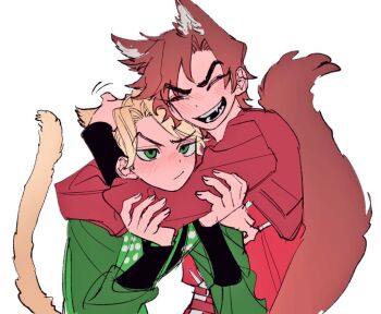 2boys ^_^ animal_ear_fluff animal_ears animification arms_around_neck blonde_hair blush brown_hair cat_boy cat_ears cat_tail closed_eyes commentary_request dougi fox_boy fox_ears fox_tail green_dougi green_eyes haaa_om007ls half-closed_eye hand_on_another's_head hands_on_another's_arm kai_(ninjago) kemonomimi_mode korean_commentary lloyd_garmadon long_sleeves looking_at_another male_focus multiple_boys ninjago one_eye_closed open_mouth petting raised_eyebrow red_dougi red_eyes short_hair simple_background smile tail the_lego_group upper_body white_background