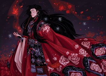 1boy absurdres beads belt black_eyes black_hair braid bug butterfly chinese_clothes closed_mouth commentary dice earrings eyeliner eyepatch floral_print flower fmd glowing_butterfly grey_background hair_beads hair_ornament hanfu high_collar highres hua_cheng insect jewelry long_hair long_sleeves makeup male_focus miao_clothes multiple_piercings necklace one_eye_covered ornate_clothes pink_flower red_eyeliner red_flower red_hanfu red_petals red_robe red_theme robe scimitar see-through_butterfly side_braid silver_belt silver_chain silver_necklace silver_trim smile solo string string_of_fate sword sword_tassel symbol-only_commentary tassel tianguan_cifu very_long_hair weapon white_butterfly wide_sleeves