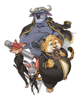 1girl 3boys alternate_costume animal bei_ju_luoxuan_wan benjamin_clawhauser black_pants brown_hair carrot carrying_over_shoulder chief_bogo cosplay crossed_arms disney donut eating food fox from_above frown furry gintama green_eyes hand_in_pocket hijikata_toushirou hijikata_toushirou_(cosplay) holding holding_food jacket jacket_on_shoulders judy_hopps katana kondou_isao kondou_isao_(cosplay) legs_apart long_sleeves looking_at_viewer m1_bazooka military military_uniform mouth_hold multiple_boys nick_wilde okita_sougo okita_sougo_(cosplay) over_shoulder pants purple_eyes rabbit racket red_eyes rocket_launcher shadow shinsengumi_(gintama) simple_background sleep_mask smile standing sword topless_male v_arms weapon weapon_over_shoulder white_background yamazaki_sagaru yamazaki_sagaru_(cosplay) zootopia