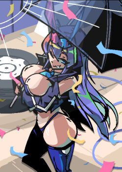 1girl azur_lane blue_eyes blue_hair blue_panties blue_thighhighs breasts cleavage confetti eyewear_on_head highres holding holding_umbrella large_breasts long_hair looking_at_viewer necktie new_jersey_(azur_lane) new_jersey_(black_blur_prelude)_(azur_lane) official_alternate_costume panties race_queen sirhoopsalot smile solo thighhighs umbrella underwear unused_tire very_long_hair