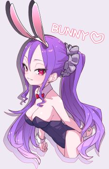 1girl absurdres animal_ears black_leotard bow bowtie breasts detached_collar fake_animal_ears fate/grand_order fate_(series) grin hair_between_eyes hair_ornament hair_scrunchie highleg highleg_leotard highres leotard long_hair looking_at_viewer medium_breasts niwaikanai playboy_bunny purple_eyes purple_hair rabbit_ears scrunchie sidelocks smile solo thighs twintails very_long_hair wrist_cuffs wu_zetian_(fate) wu_zetian_(swimsuit_caster)_(fate)