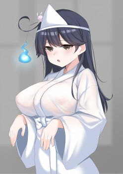Rule 34 | 1girl, absurdres, ahoge, black hair, breasts, brown eyes, ghost costume, highres, japanese clothes, jiangyou dang, kantai collection, kimono, large breasts, long hair, shiroshouzoku, solo, triangular headpiece, ushio (kancolle), wet kimono, white kimono