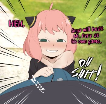 1boy 1girl ahoge anya's_heh_face_(meme) anya_(spy_x_family) blush bulge closed_mouth collarbone cone_hair_bun emphasis_lines english_text erection erection_under_clothes green_eyes hair_bun half-closed_eyes hetero highres loli looking_at_viewer maniacbox nipple_slip nipples off_shoulder outdoors paid_reward_available pink_hair portrait pov pov_crotch short_hair smile solo_focus spy_x_family straight-on teeth unzipped unzipping