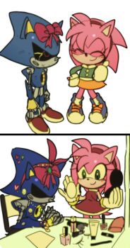 amy_rose blush bottle bow bracelet chair child desk dochisukiovo dress eyelashes false_eyelashes feminine gloves green_eyes green_sweater hedgehog jewelry legs lipstick makeup makeup_kit medium_hair metal_sonic mirror orange_skirt perfume_bottle pink_fur pink_hair red_dress robot sega shoes sitting skirt smile sneakers sonic_(series) sonic_cd sonic_the_hedgehog_(classic) spiked_hair sticker sweater tail