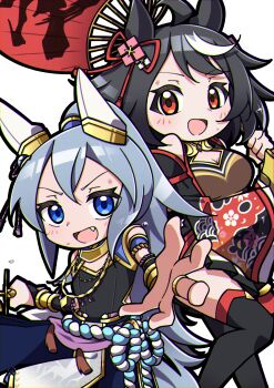 1girl absurdres ahoge animal_ears baggy_pants bare_shoulders bell black_hair black_shirt blue_eyes blue_pants bow breasts chanchanko_(clothes) cleavage cleavage_cutout clothing_cutout cosplay crutch_elbow detached_sleeves ear_covers ear_ornament ear_ribbon flower_ornament fur-trimmed_socks grey_hair grey_tail hair_between_eyes hair_ornament high-waist_pants highres horse_ears horse_girl horse_tail jewelry jingle_bell kagura_suzu kitasan_black_(crowning_ooban)_(umamusume) kitasan_black_(umamusume) kitasan_black_(umamusume)_(cosplay) kouhaku_nawa long_hair looking_at_viewer multicolored_hair official_alternate_costume official_alternate_hairstyle open_mouth pants ponytail red_eyes rope shimenawa shirt short_hair sleeveless sleeveless_shirt smile solo streaked_hair tail tamamo_cross_(fierce_thunder_god)_(umamusume) tamamo_cross_(umamusume) umamusume umamusume:_cinderella_gray very_long_hair white_hair yellow_sleeves