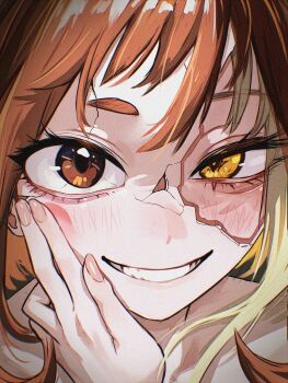 Rule 34 | 1girl, absurdres, blonde hair, blush, boku no hero academia, brown eyes, brown hair, clenched teeth, collarbone, highres, looking at viewer, medium hair, smile, solo, teeth, thick eyebrows, toga himiko, upper body, uraraka ochako, vlizz, yellow eyes