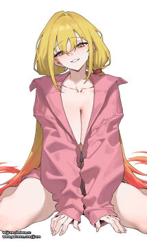 1girl blonde_hair blush breasts cleavage collarbone commentary fanbox_username gradient_hair highres jacket jjune large_breasts long_hair looking_at_viewer multicolored_hair orange_eyes orange_hair original patreon_username pink_jacket simple_background smile solo white_background zipper