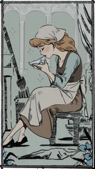 1girl apron blue_dress blue_eyes cinderella_(disney_character) cinderella_(disney_movie) dress duplicate full_body glass_slipper highres long_hair looking_at_viewer masso pixel-perfect_duplicate short_hair sitting solo tagme