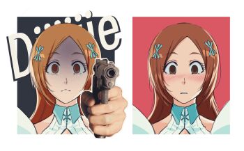 Rule 34 | 1girl, aiming, bleach, bleach: sennen kessen-hen, blush, brown eyes, brown hair, commentary, detached sleeves, empty eyes, gun, hair ornament, hairpin, hand pointing a gun (meme), highres, inoue orihime, looking at viewer, meme, parted bangs, parted lips, photo inset, symbol-only commentary, viii 00908, weapon
