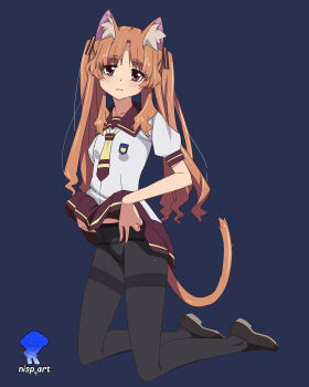 1girl absurdres animal_ears ano_natsu_de_matteru artist_logo artist_name black_pantyhose black_shoes brown_hair cat_ears cat_girl cat_tail clothes_lift dark_background flat_chest full_body hair_ornament hair_ribbon highres kneeling light_blush logo long_hair looking_at_viewer midriff_peek necktie nervous nisp_art open_mouth pantyhose red_eyes ribbon school_swimsuit school_uniform serafuku shoes skirt skirt_lift solo swimsuit tail two_side_up yamano_remon